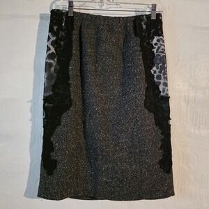 G.I.L.I. Gray Tweed Pencil Skirt with Black Lace & Leopard Trim